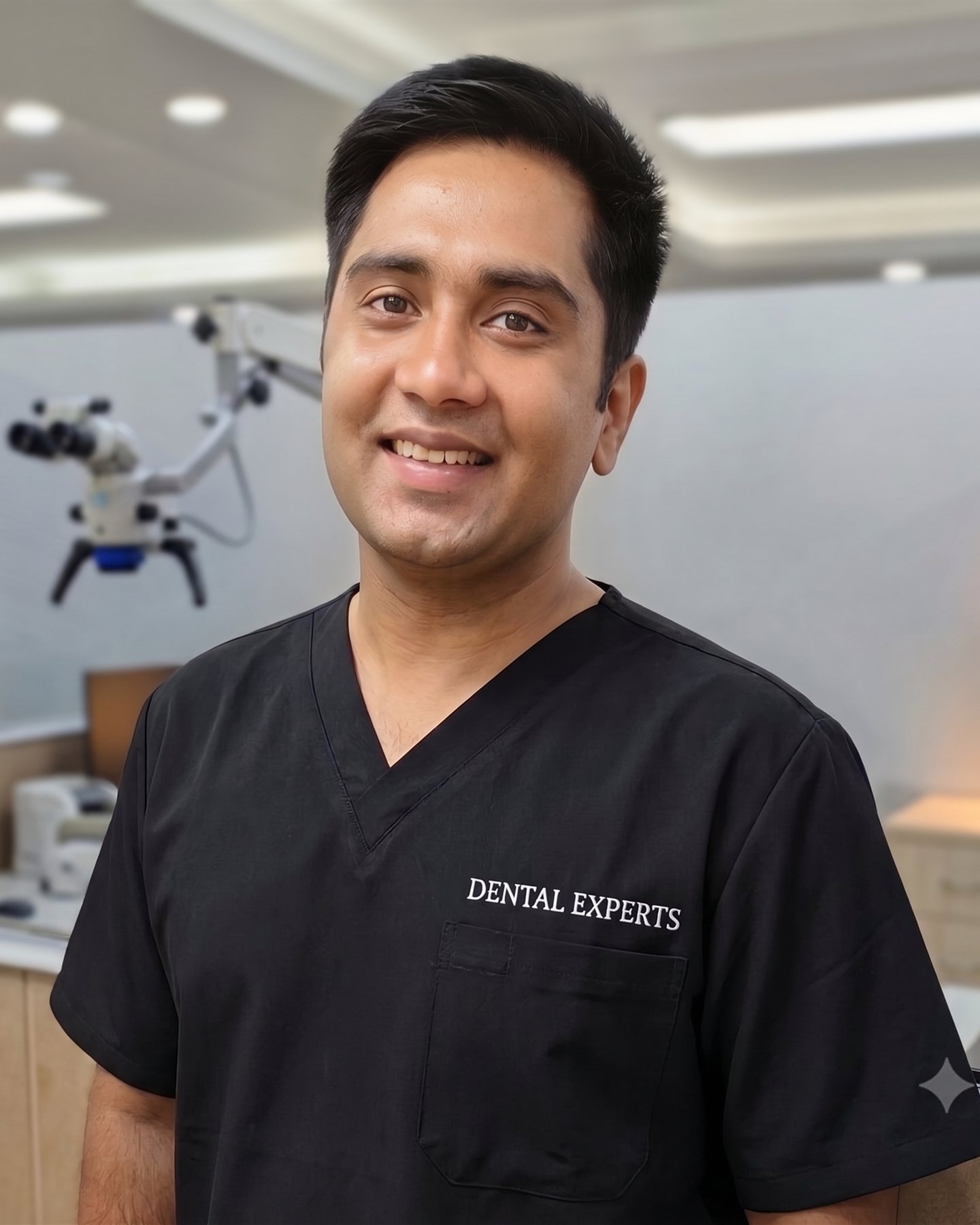 Dr. Amit Malik at Dental Experts, Sector 8, Sonipat, with the operating microscope behind him